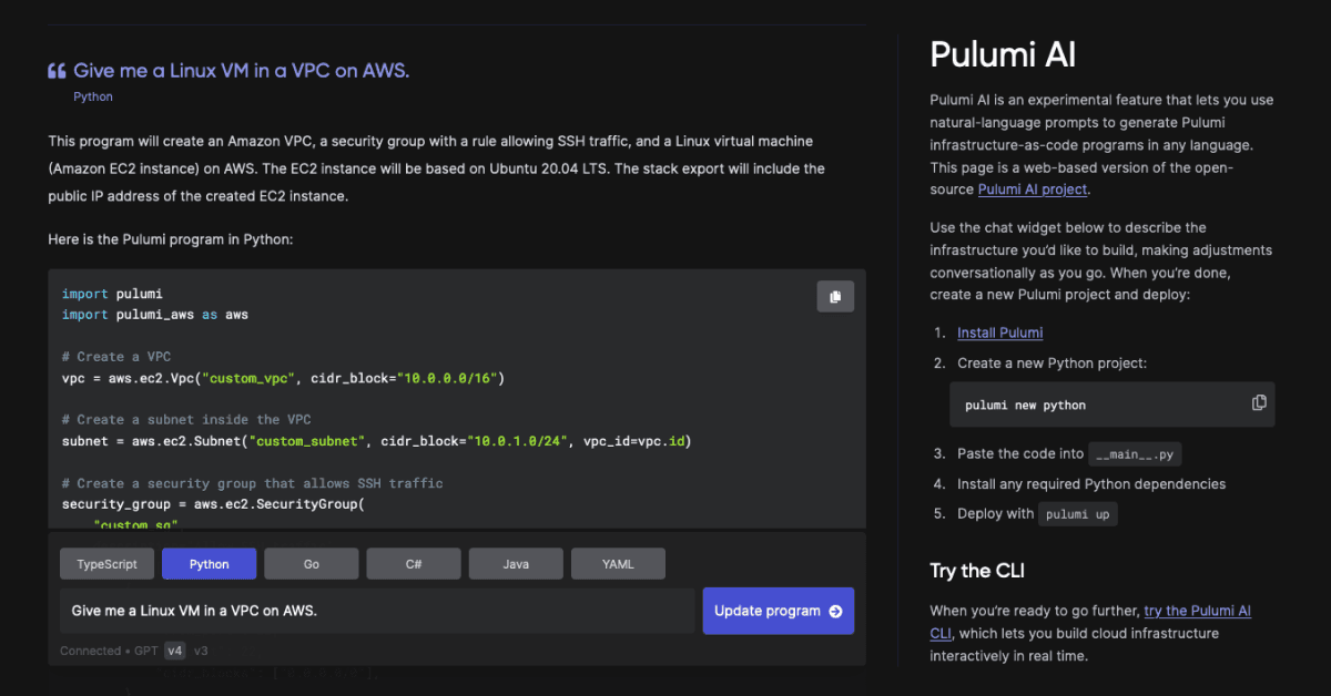 Pulumi AI product preview
