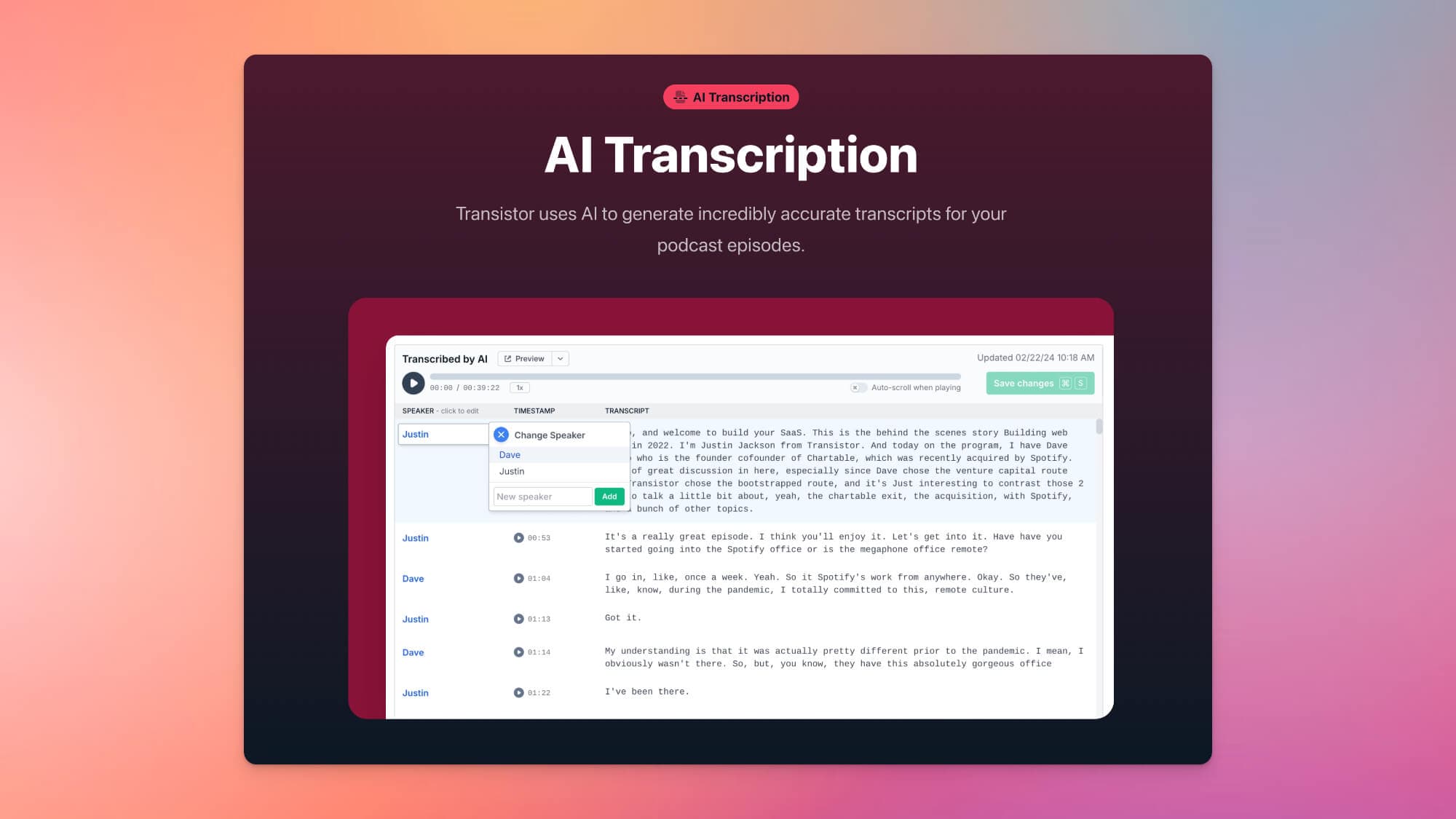 Transistor AI Transcription product preview